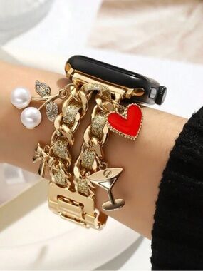 Gold Charm Bracelet Apple Watch Band with Red Heart Accent 38-49mm